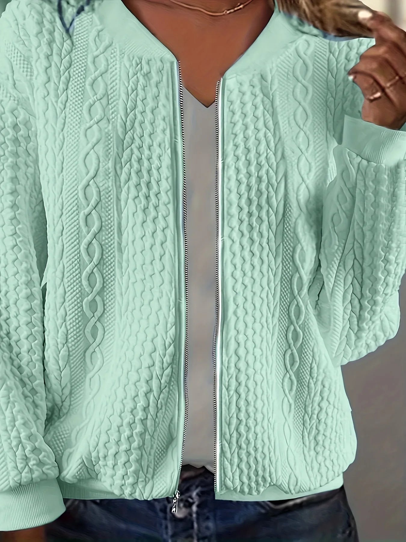 Cable Knit Zip Front Cardigan With Pockets For Daily Wear