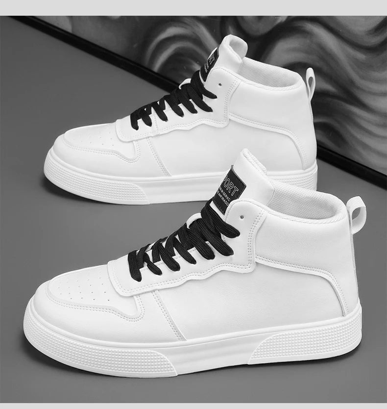 Men High-Top Canvas Sneakers Height-Increasing White Lace-Up Casual Shoes