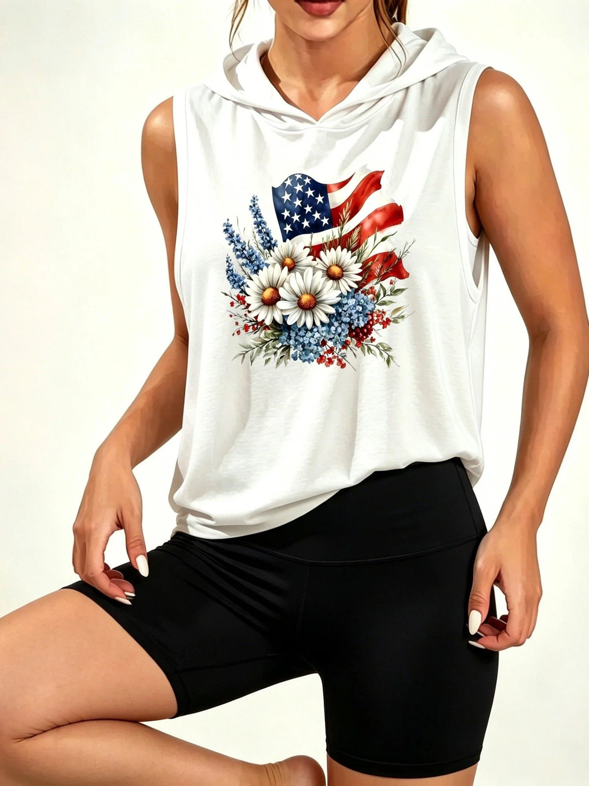 Patriotic Floral Graphic Sleeveless Hooded Tank Top Set For Women
