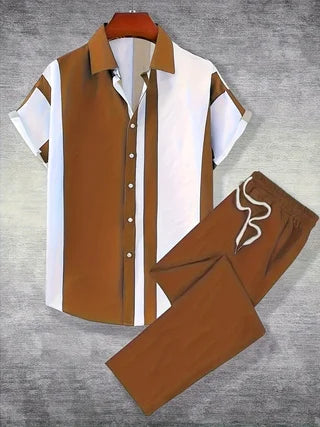 Printed Men's Summer Short Sleeve Shirt And Pants Set