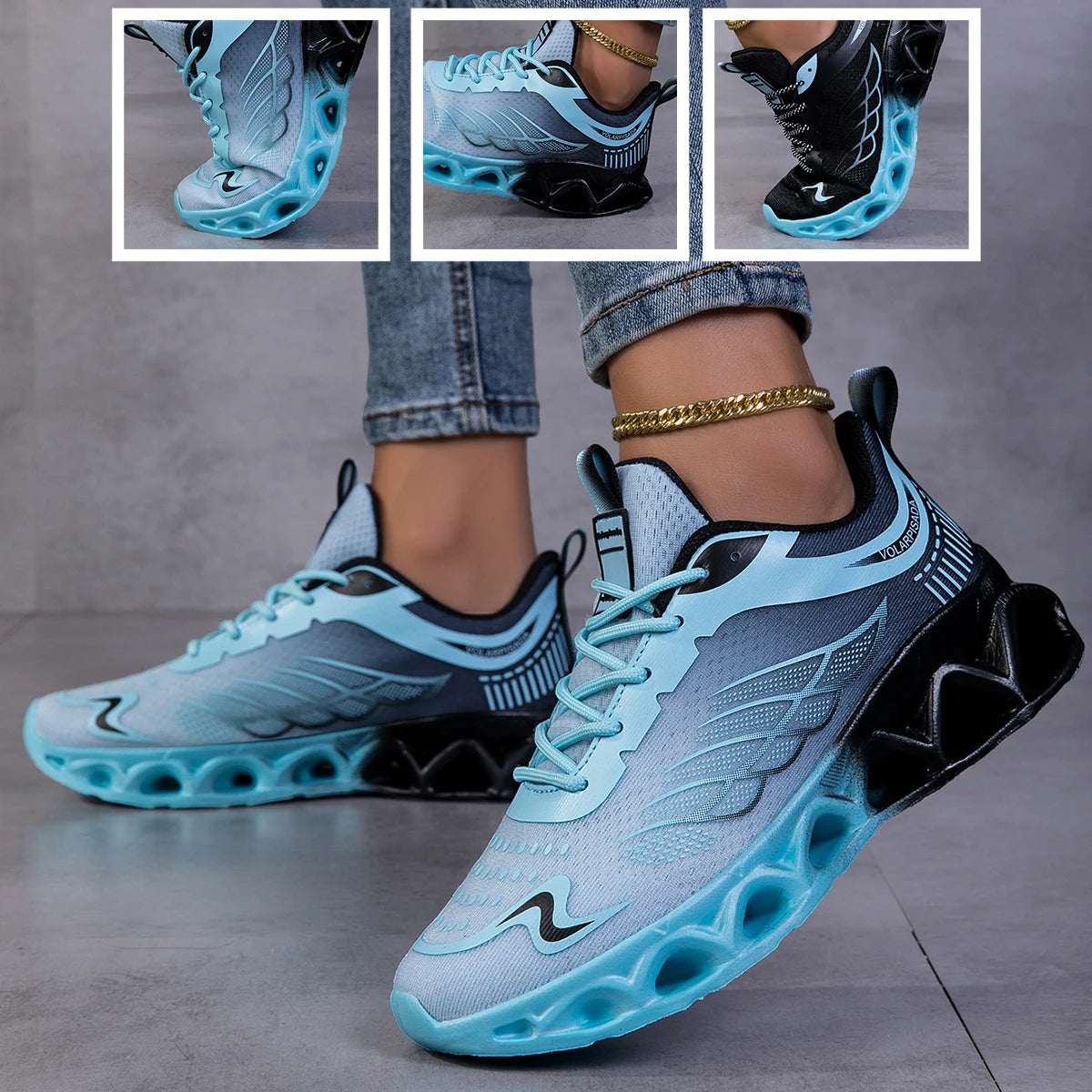 Gradient Mesh Running Sneakers Breathable Shock Absorbing Blade Sole Shoes