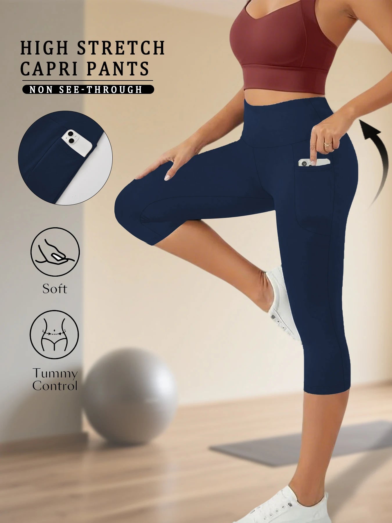 High Waisted capri pants For Women With Pockets Tummy Control No See Through Workout Running Yoga Athletic Push Up Gym Leggings