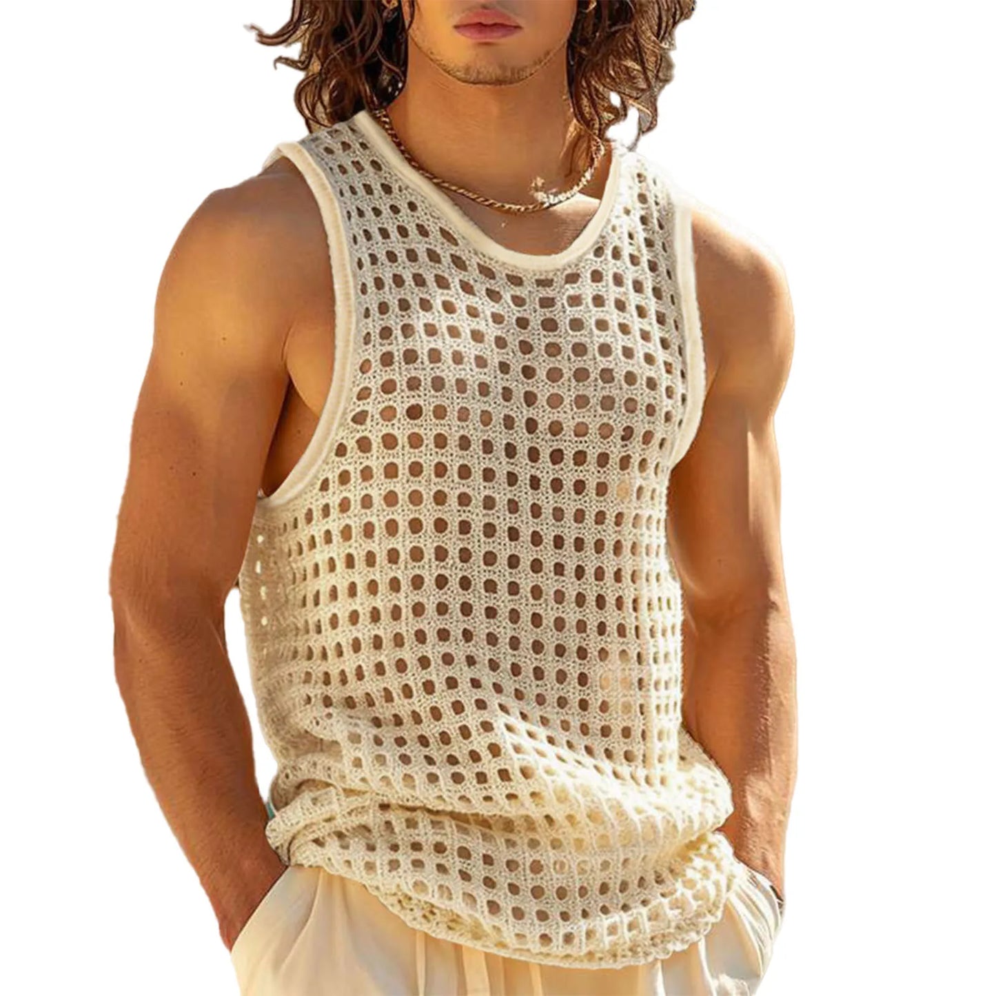 Mens Breathable Sleeveless Tank Top Hollow Out Crew Neck