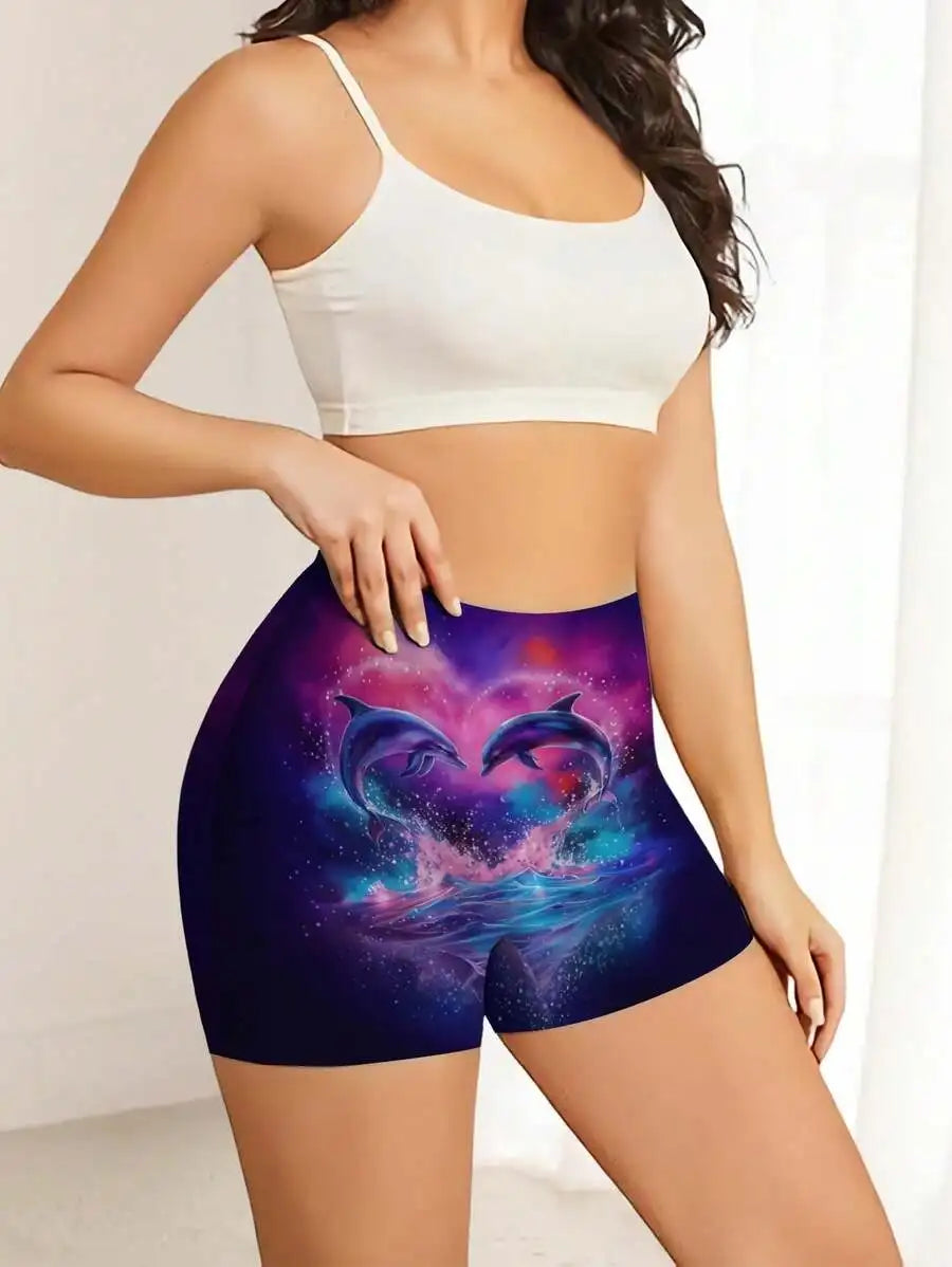 Women Dolphin Galaxy Ocean Print Fitness Shorts For Active Wear