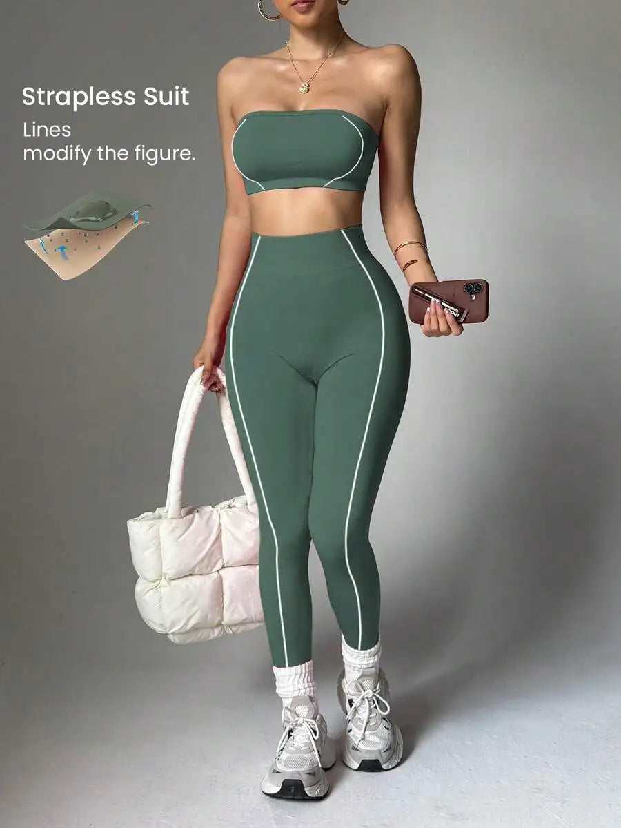 Women Seamless Striped Sports Bra And Leggings Quick Dry Activewear