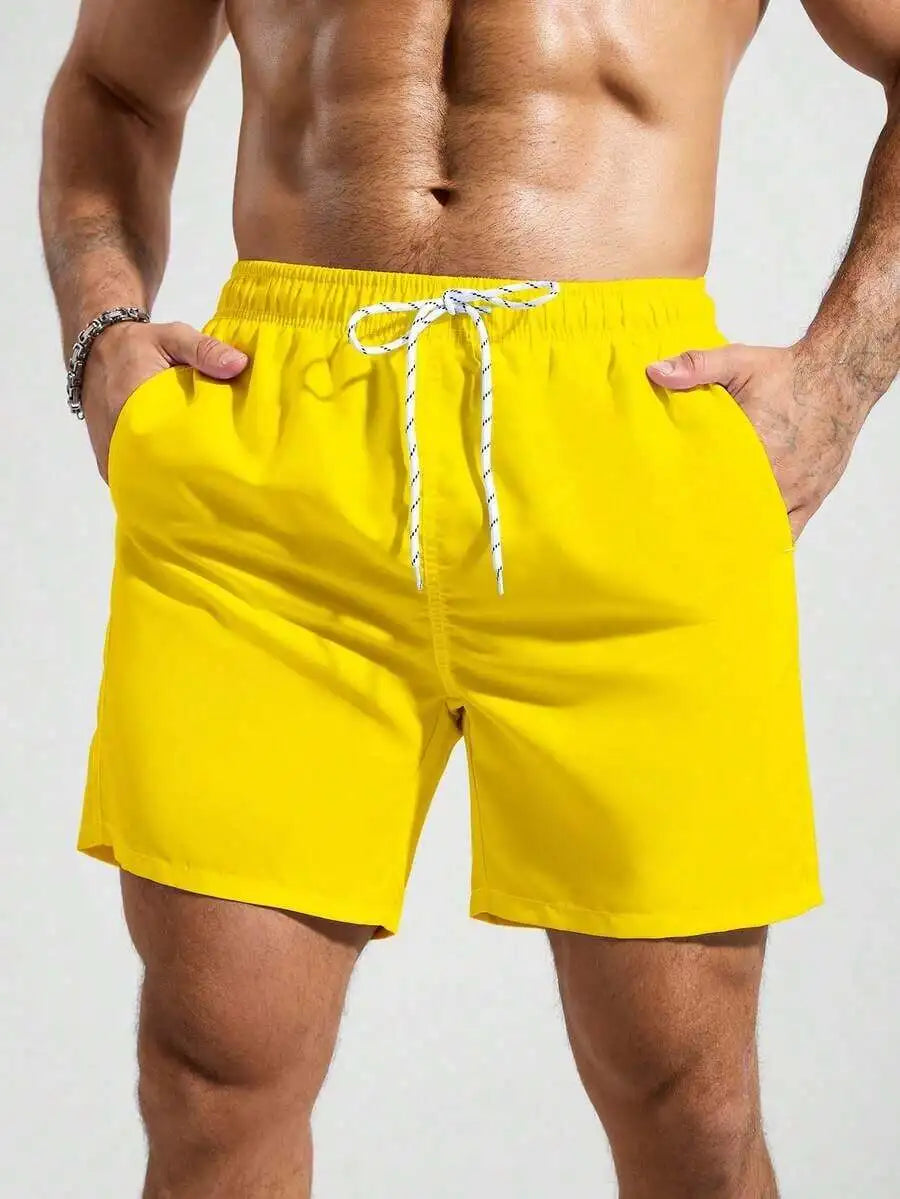 Mens Pocketed Drawstring Waist Beach Quick Dry Swim Trunks