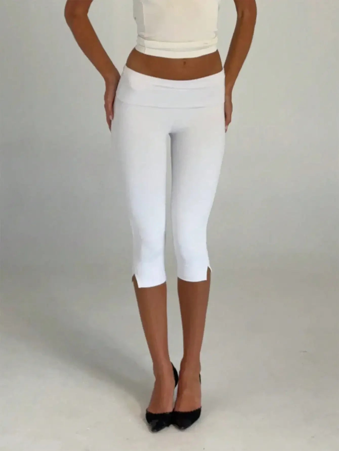Women's Y2K Low Waist White Capri Leggings Fold Over Waistband Split Hem Solid Color Slim Fit Stretchy Cropped Leggings Buttery