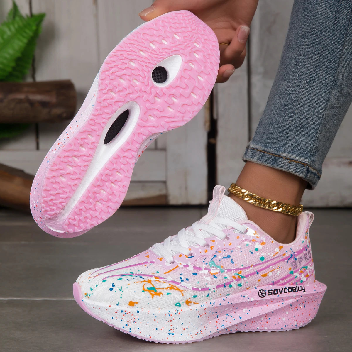Unisex Lightweight Splatter Paint Gradient Running Shoes With Breathable Mesh
