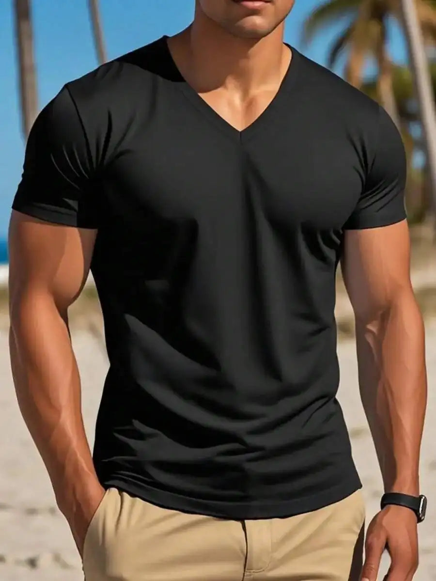 Men's Plain Casual V-Neck Short Sleeve T-Shirt Jersey Cotton