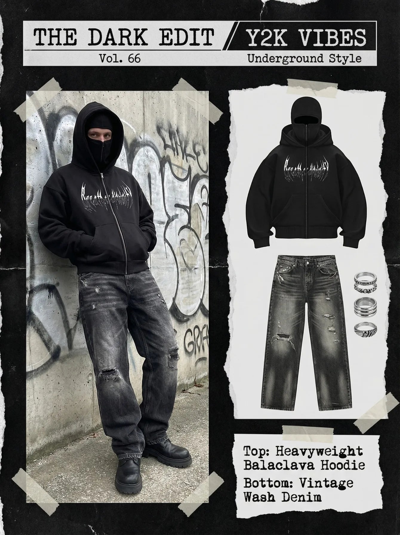 Gothic Punk Balaclava Zip Hoodie With Spike Letter Graphic Unisex