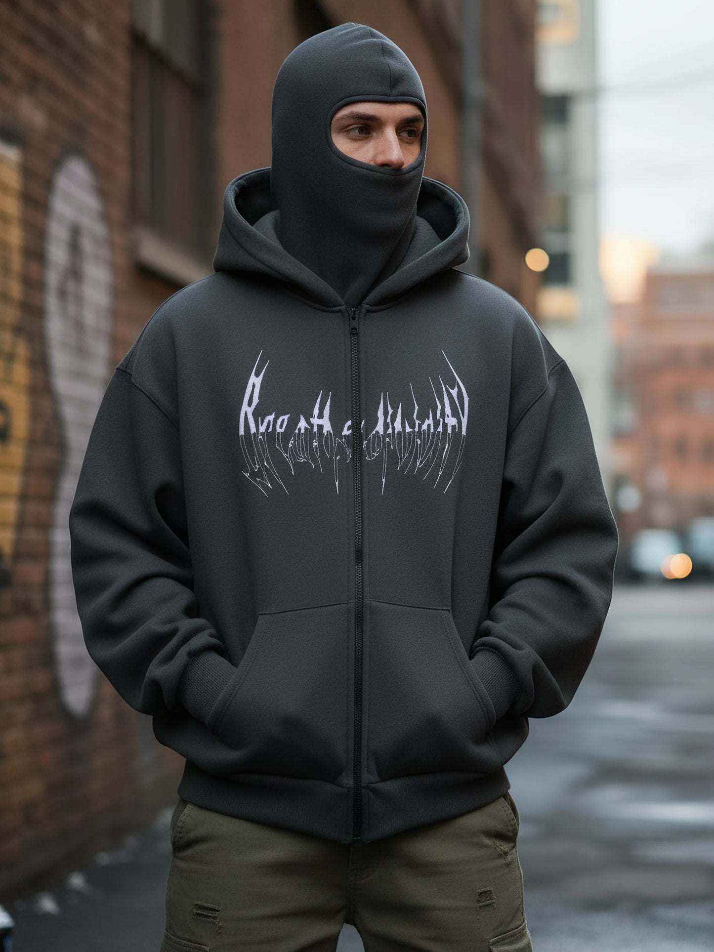 Gothic Punk Balaclava Zip Hoodie With Spike Letter Graphic Unisex