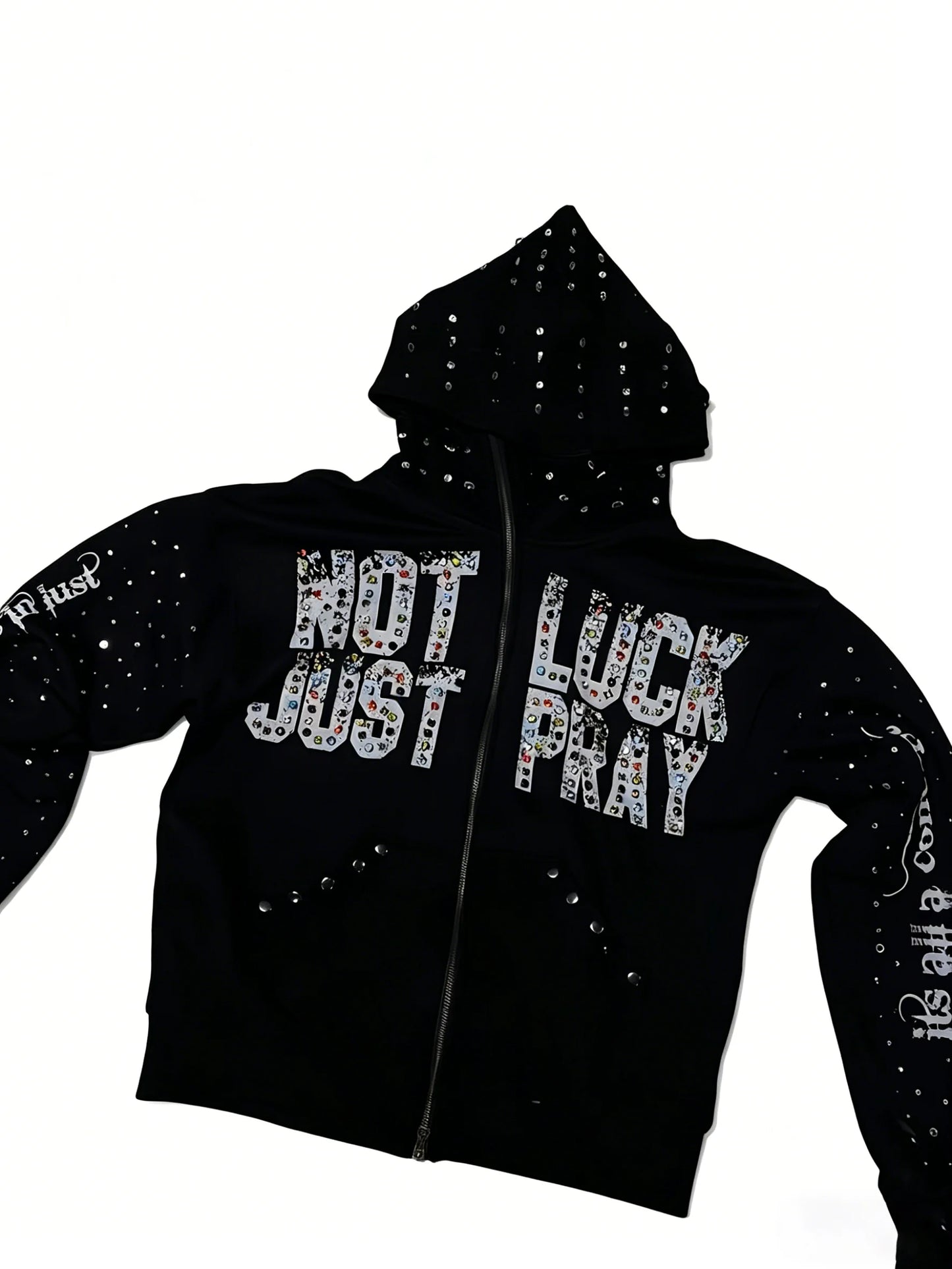 Rhinestone Hooded Sweatshirt With Not Just Luck Pray Print