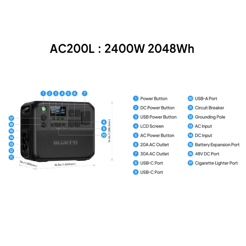 Bluetti AC200L Portable Power Station 2400W 2048Wh Solar Generator