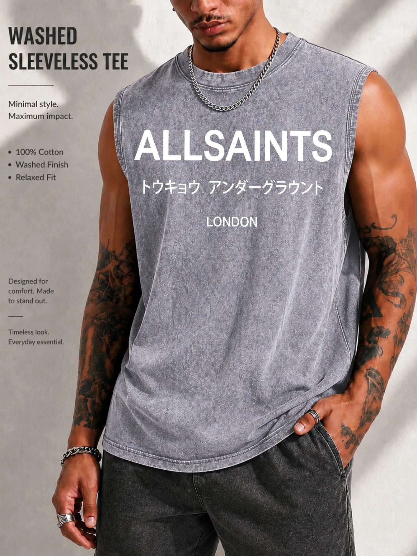 Vintage Men's Tank Top Print Design Knit Cotton Casual Tee