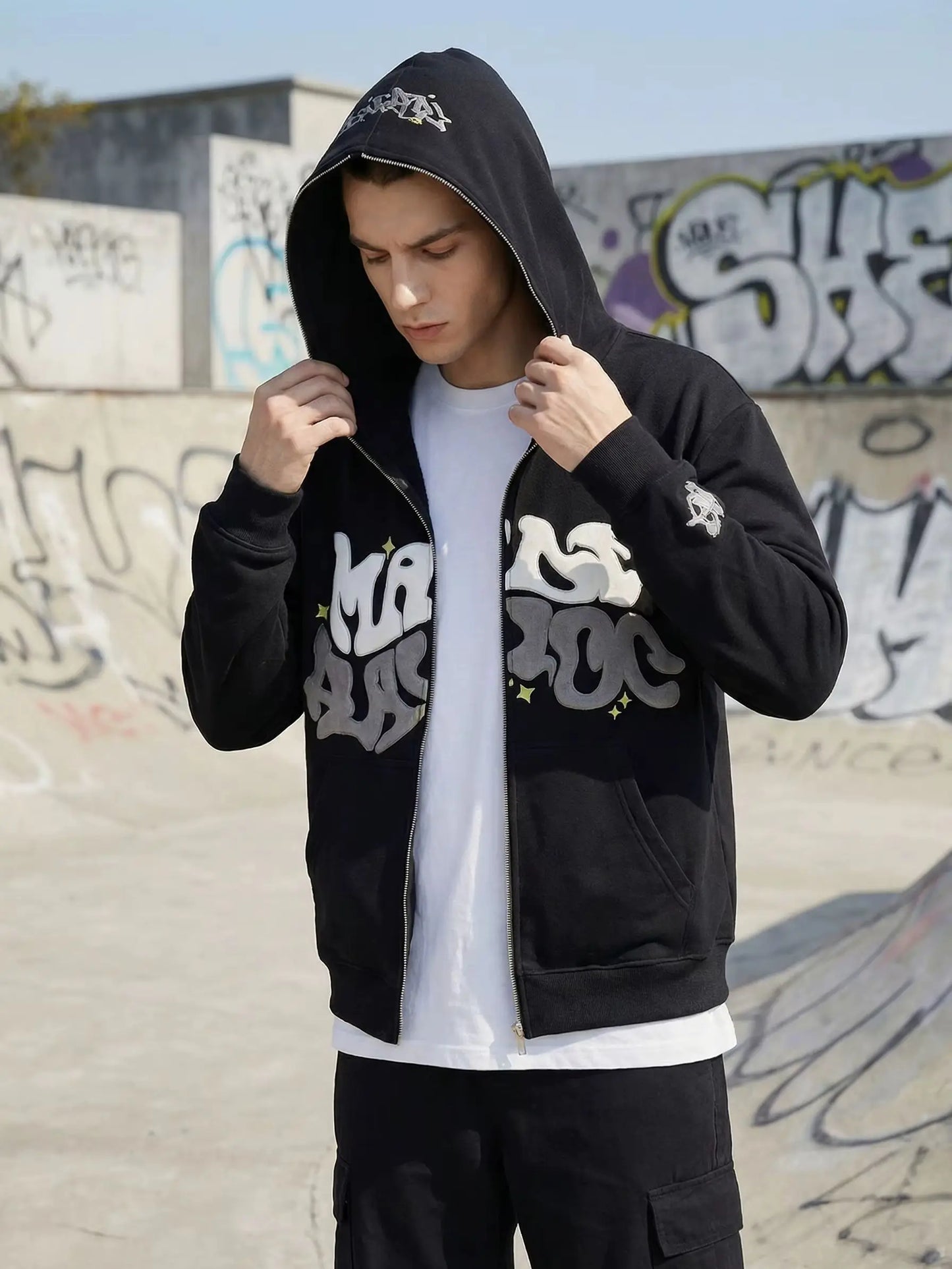 Unisex Graffiti Bubble Letter Zip Up Hoodie For Streetwear