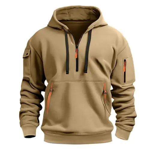 Men's Zippered Fleece Hoodie With Arm Pocket, Casual Everyday