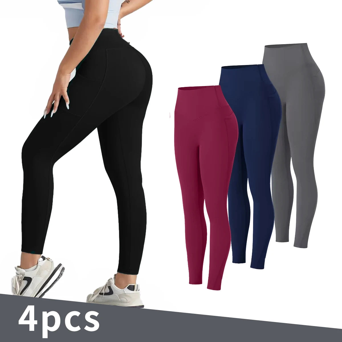 Womens 4-Piece Fleece-Lined High-Waisted Leggings Set For Running