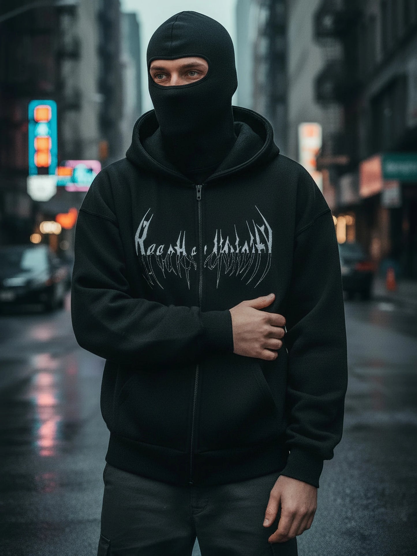 Gothic Punk Balaclava Zip Hoodie With Spike Letter Graphic Unisex