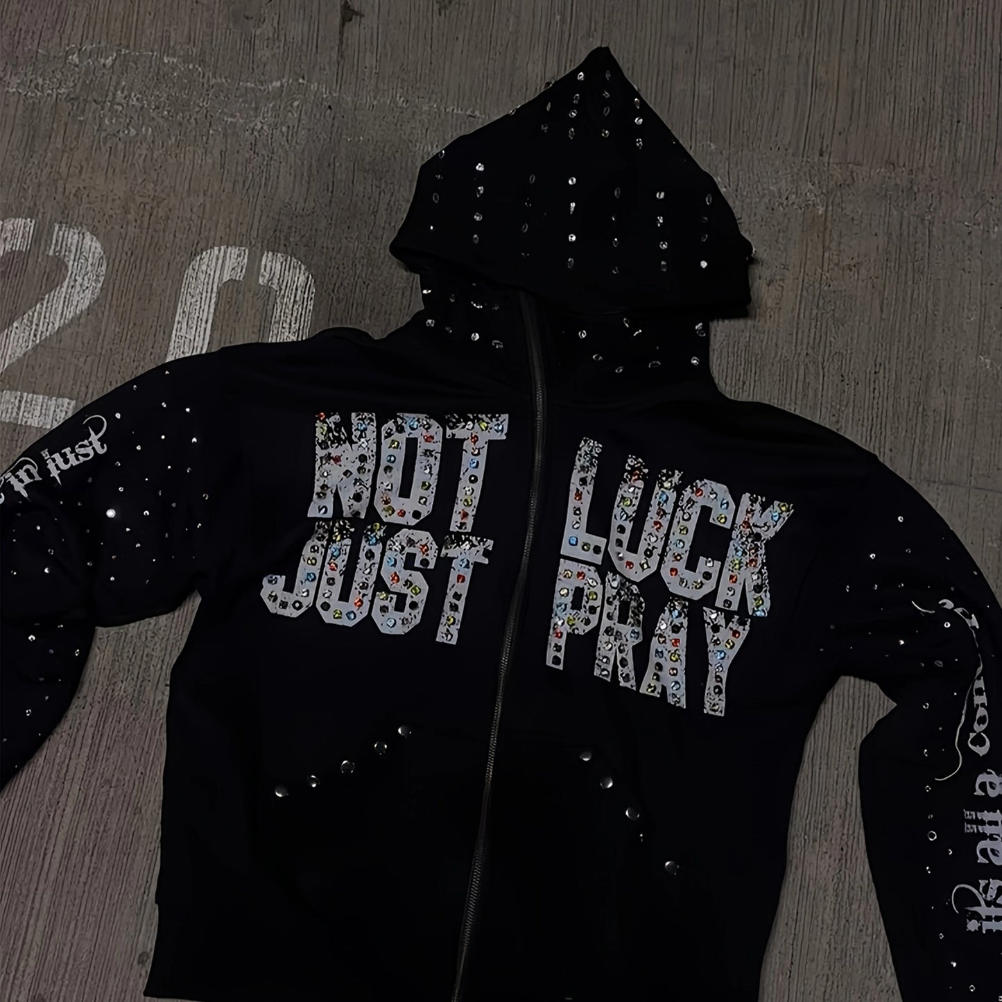 Rhinestone Hooded Sweatshirt With Not Just Luck Pray Print