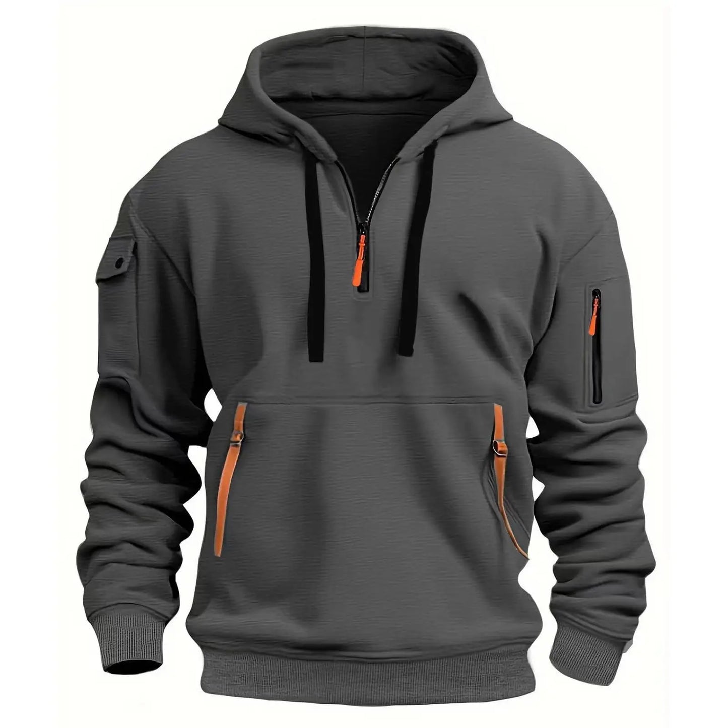 Men's Zippered Fleece Hoodie With Arm Pocket, Casual Everyday
