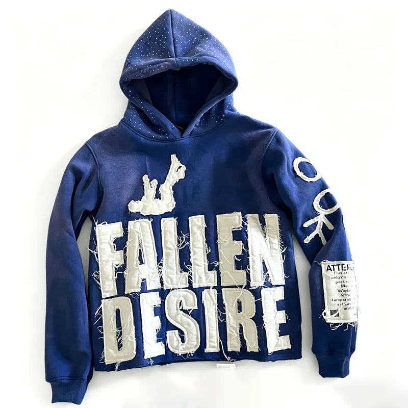 Streetwear Distressed Hoodie With Frayed Edges And Fallen Desire Patch