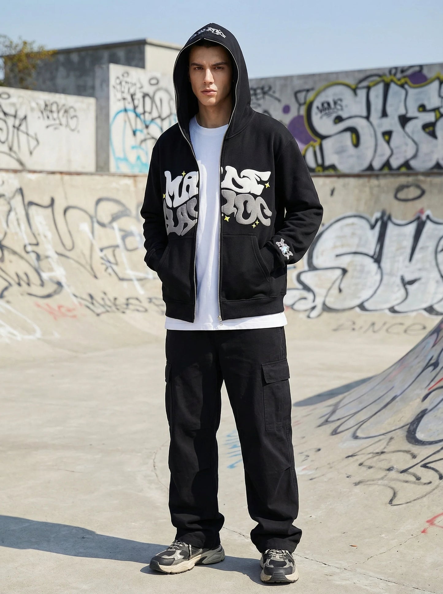 Unisex Graffiti Bubble Letter Zip Up Hoodie For Streetwear