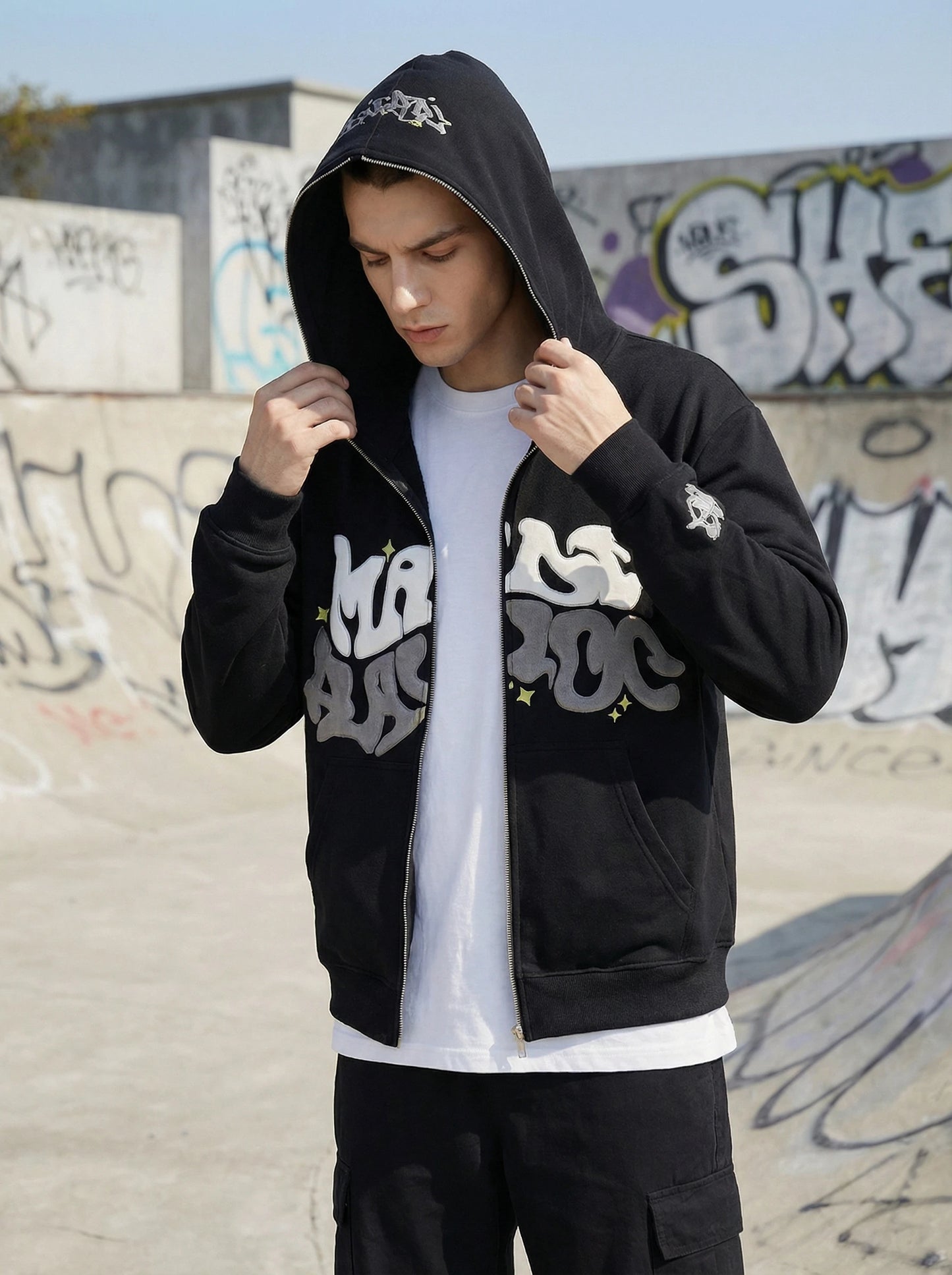 Unisex Graffiti Bubble Letter Zip Up Hoodie For Streetwear