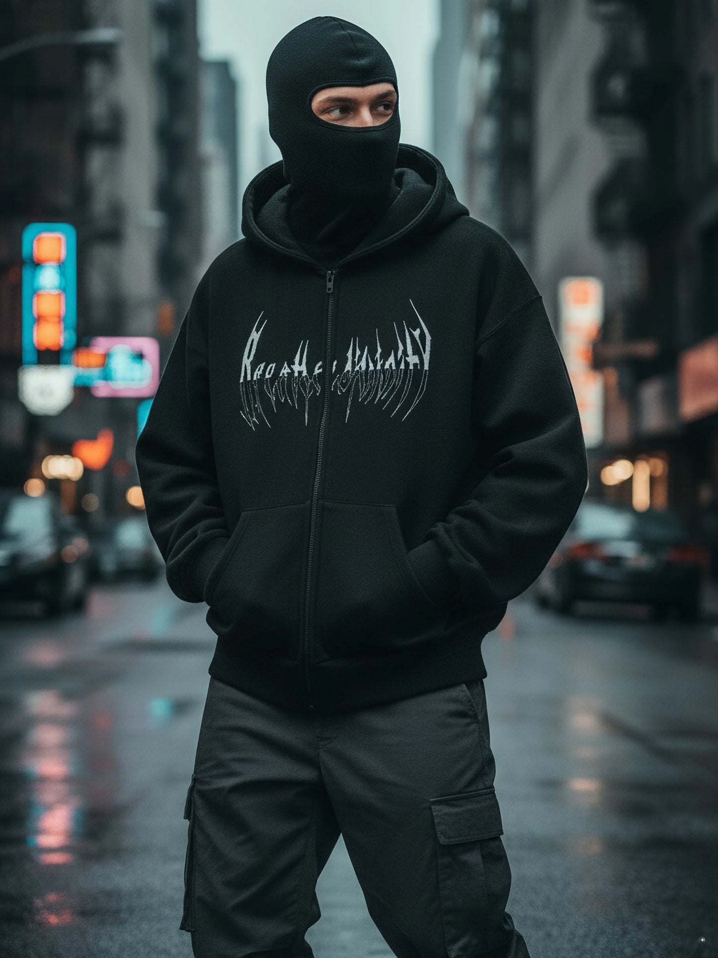 Gothic Punk Balaclava Zip Hoodie With Spike Letter Graphic Unisex