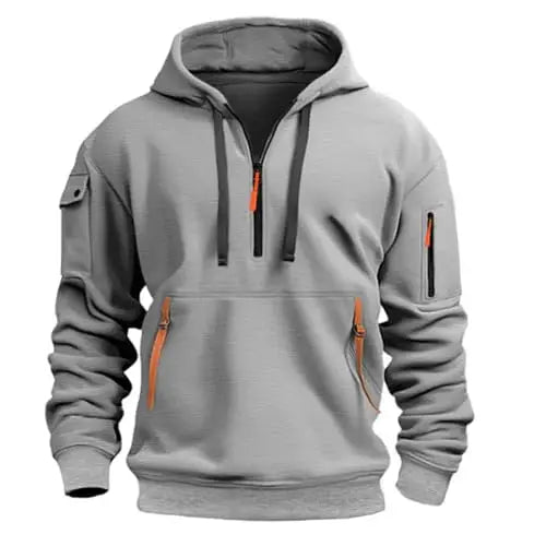 Men's Zippered Fleece Hoodie With Arm Pocket, Casual Everyday