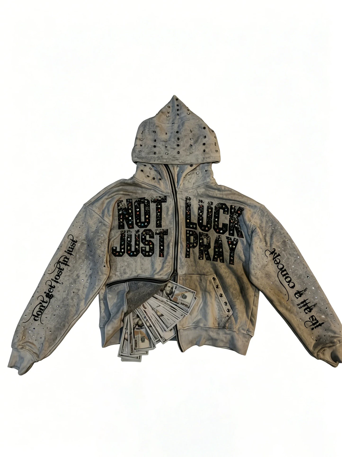 Rhinestone Hooded Sweatshirt With Not Just Luck Pray Print