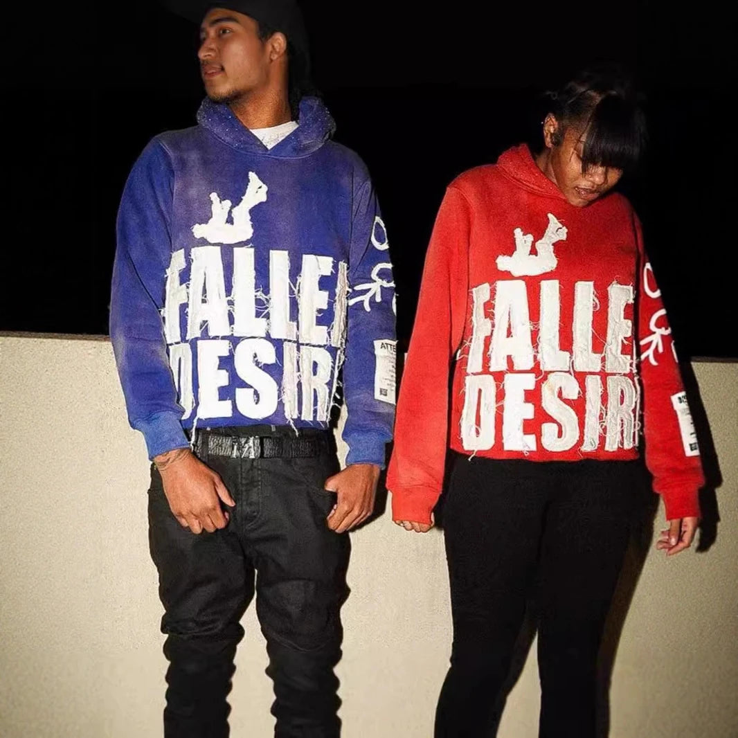 Streetwear Distressed Hoodie With Frayed Edges And Fallen Desire Patch