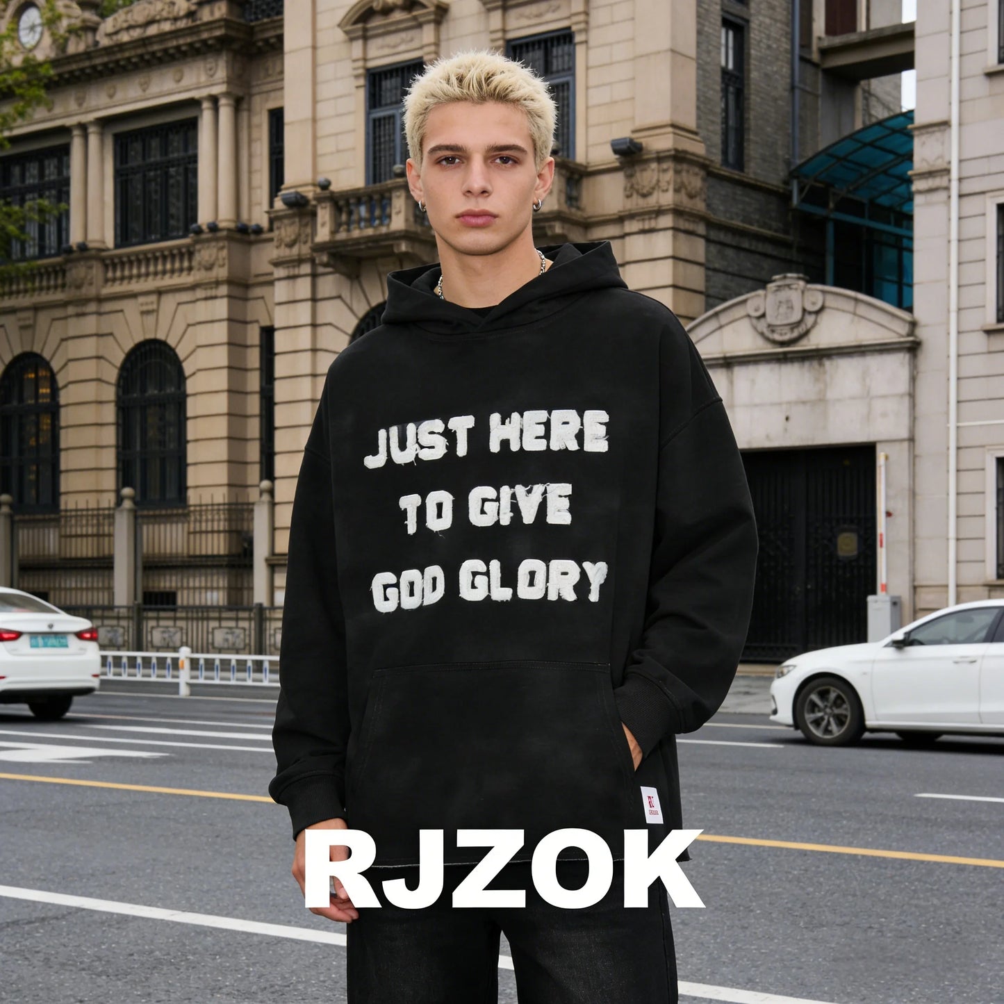 Oversized Hoodie Just Here To Give God Glory Chenille Letters