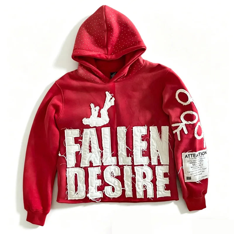 Streetwear Distressed Hoodie With Frayed Edges And Fallen Desire Patch