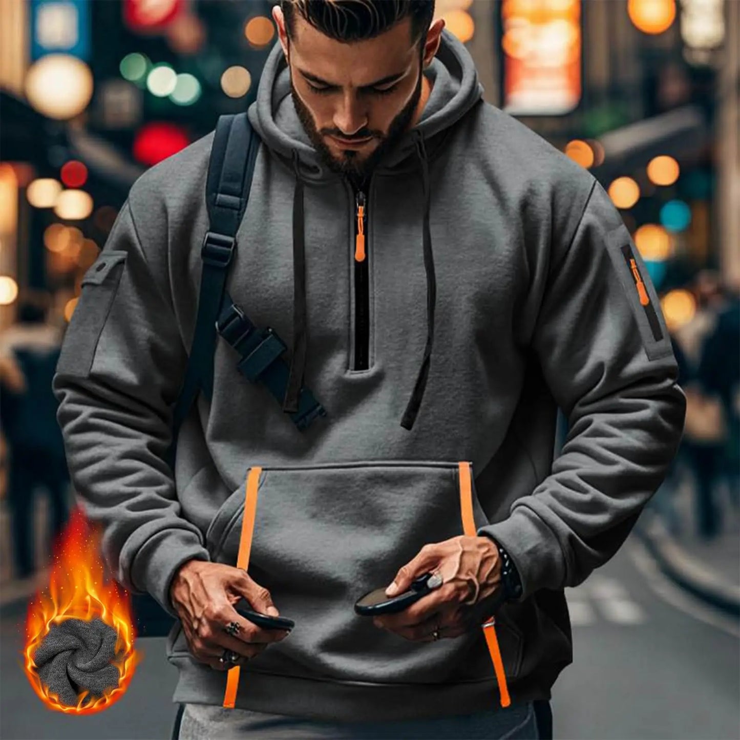 Men's Zippered Fleece Hoodie With Arm Pocket, Casual Everyday