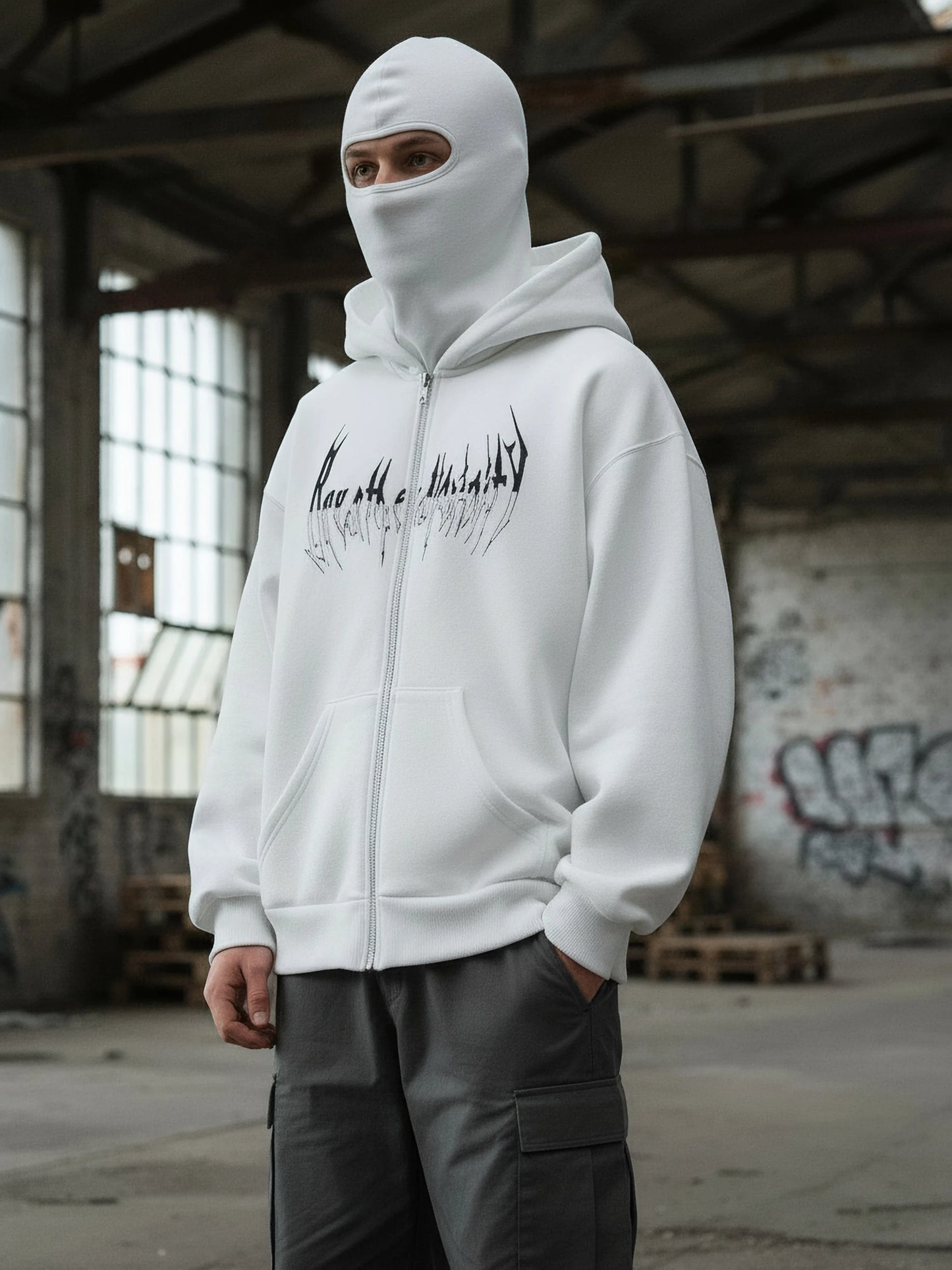 Gothic Punk Balaclava Zip Hoodie With Spike Letter Graphic Unisex