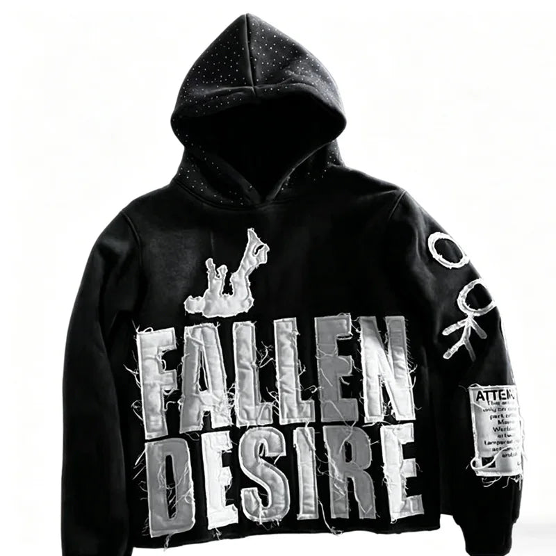 Streetwear Distressed Hoodie With Frayed Edges And Fallen Desire Patch