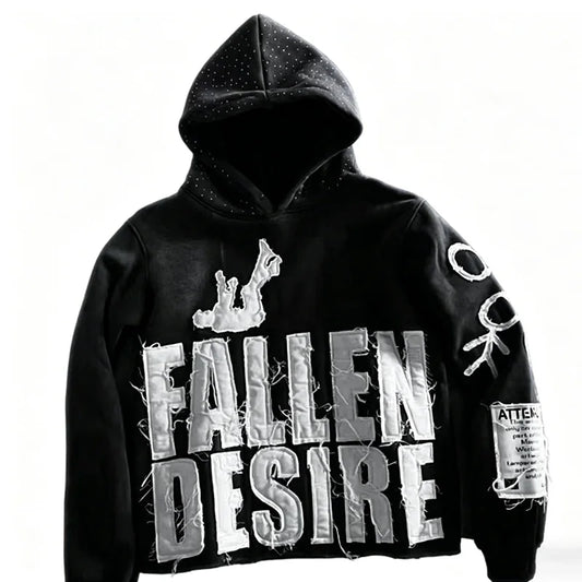 Streetwear Distressed Hoodie With Frayed Edges And Fallen Desire Patch