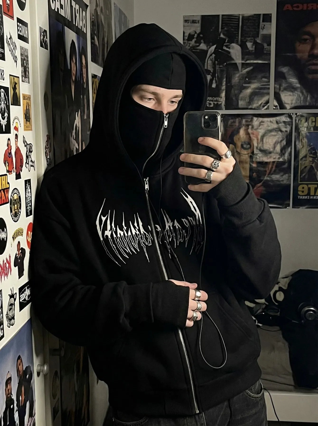 Gothic Punk Balaclava Zip Hoodie With Spike Letter Graphic Unisex
