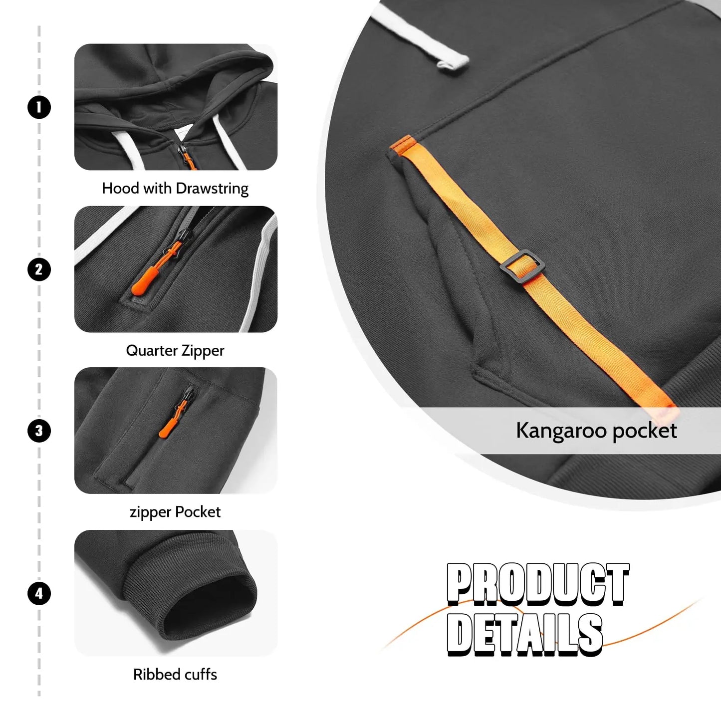 Men's Zippered Fleece Hoodie With Arm Pocket, Casual Everyday