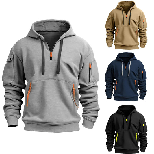 Men's Zippered Fleece Hoodie With Arm Pocket, Casual Everyday