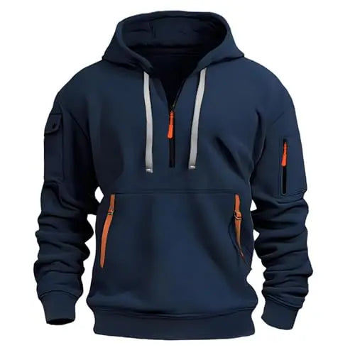Men's Zippered Fleece Hoodie With Arm Pocket, Casual Everyday