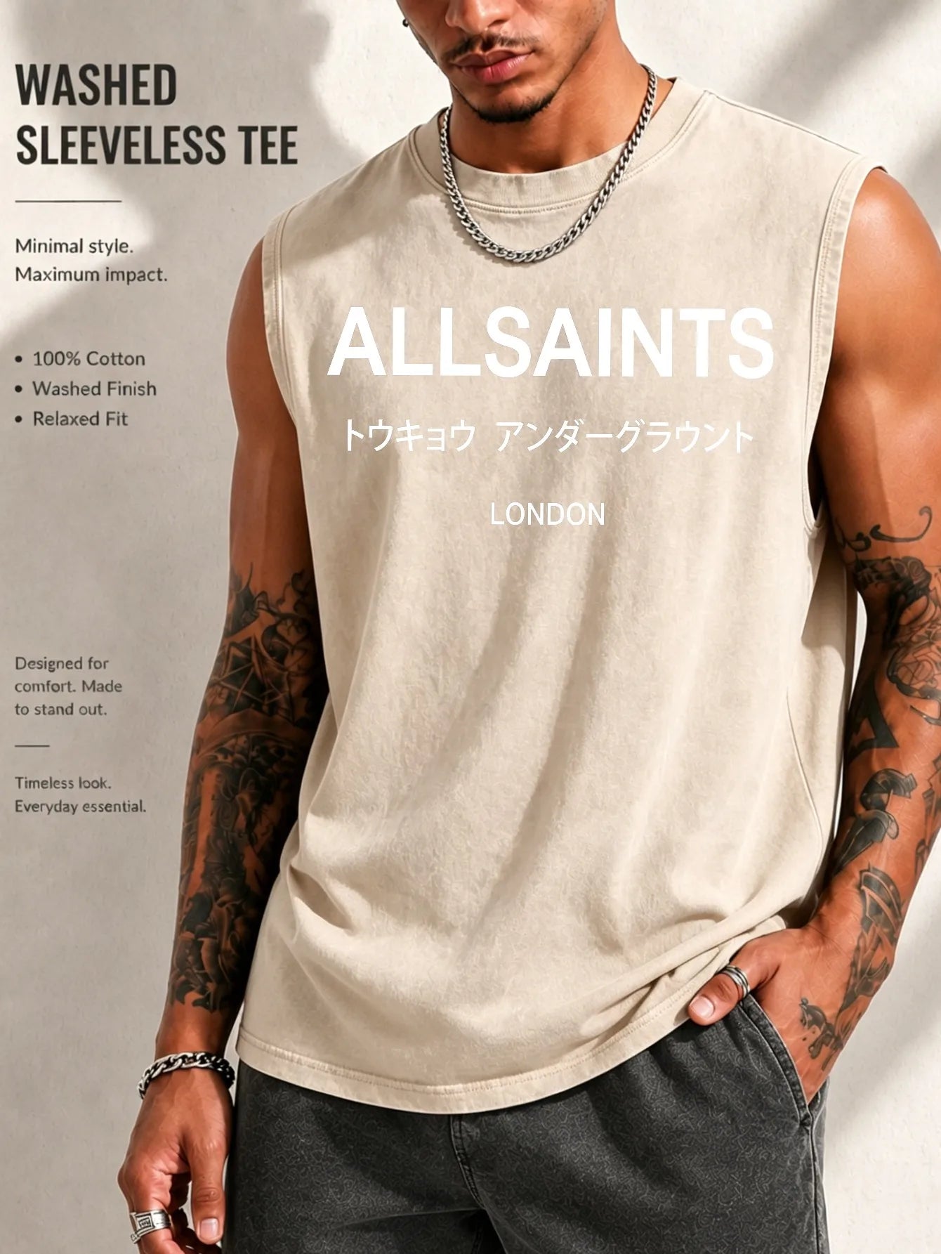 Vintage Men's Tank Top Print Design Knit Cotton Casual Tee