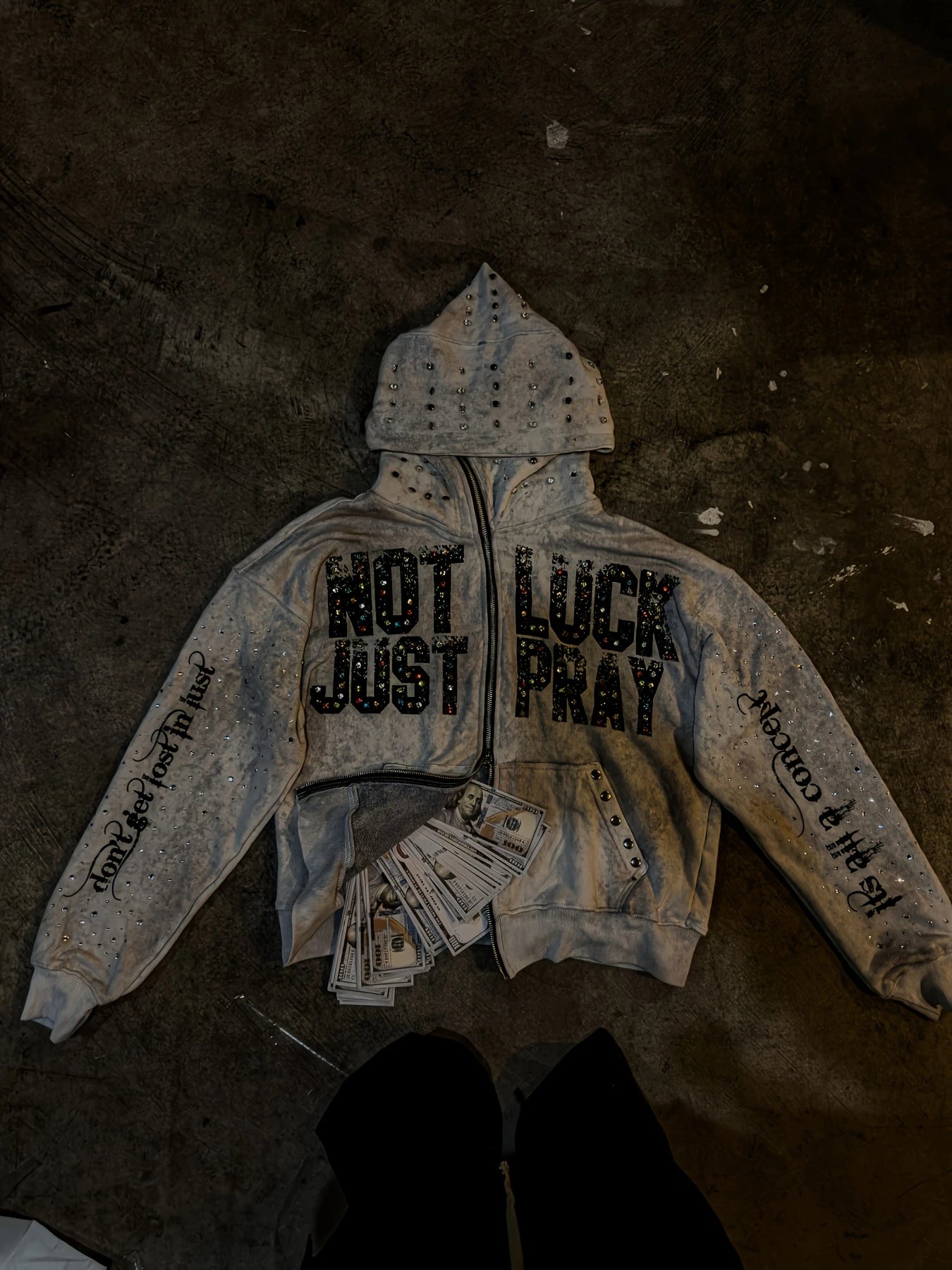 Rhinestone Hooded Sweatshirt With Not Just Luck Pray Print