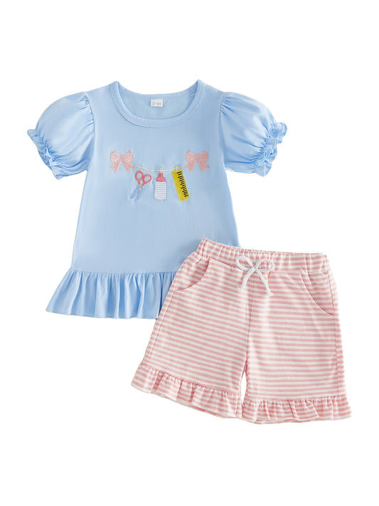 Cathery CN Girls 2Piece Ruffle TShirt And Striped Shorts Set
