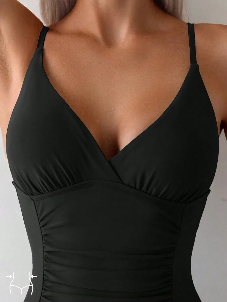 Women Ruched Solid Color One Piece Swimsuit V Neck