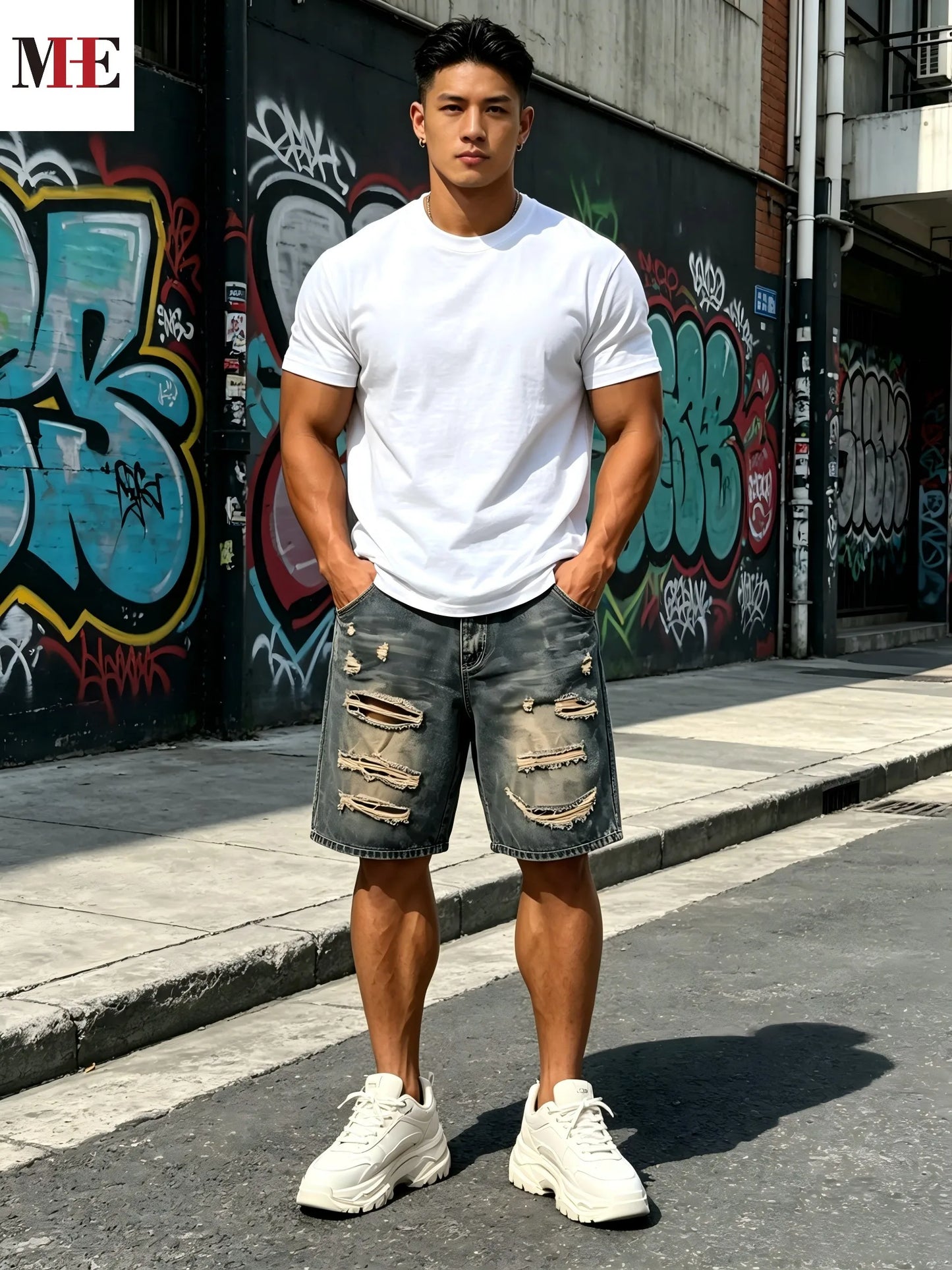 HME Men's Denim Knee-Length Shorts Vintage Mud Wash Frayed Rips