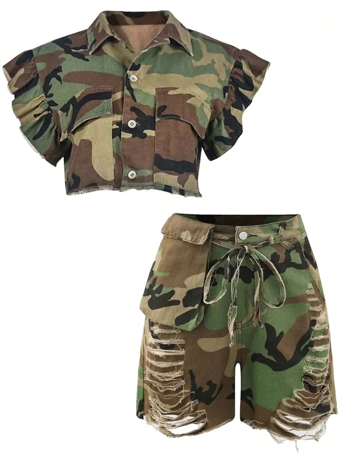 GLOURI Camouflage 2 Piece Set Crop Top And Cargo Shorts