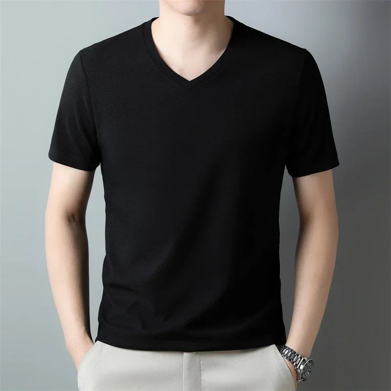 Men's Waffle Knit Vneck Short Sleeve T Shirt Summer Comfort
