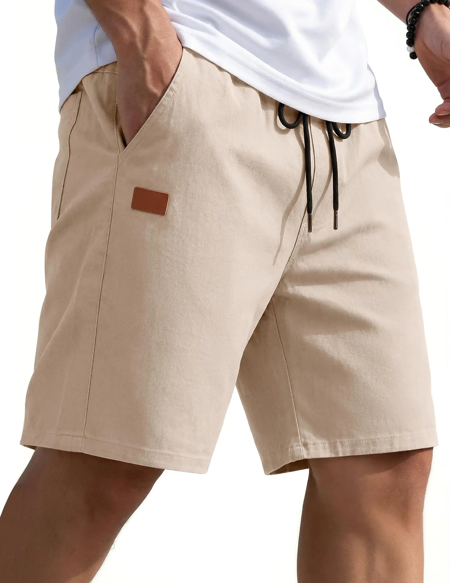 Mens Casual Shorts 9" Chino Cotton Shorts Summer Beach Drawstring Shorts with Pockets