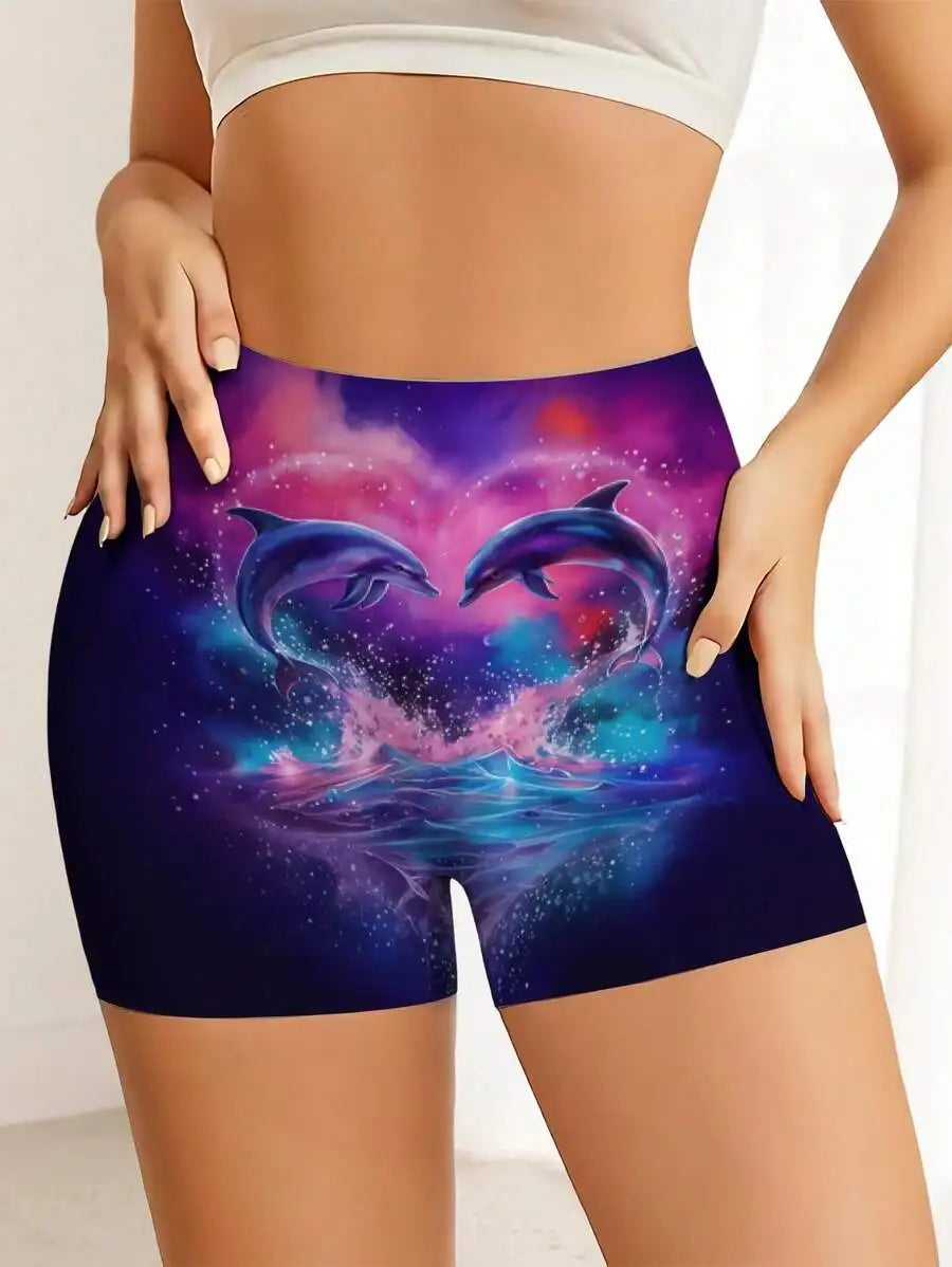 Women Dolphin Galaxy Ocean Print Fitness Shorts For Active Wear